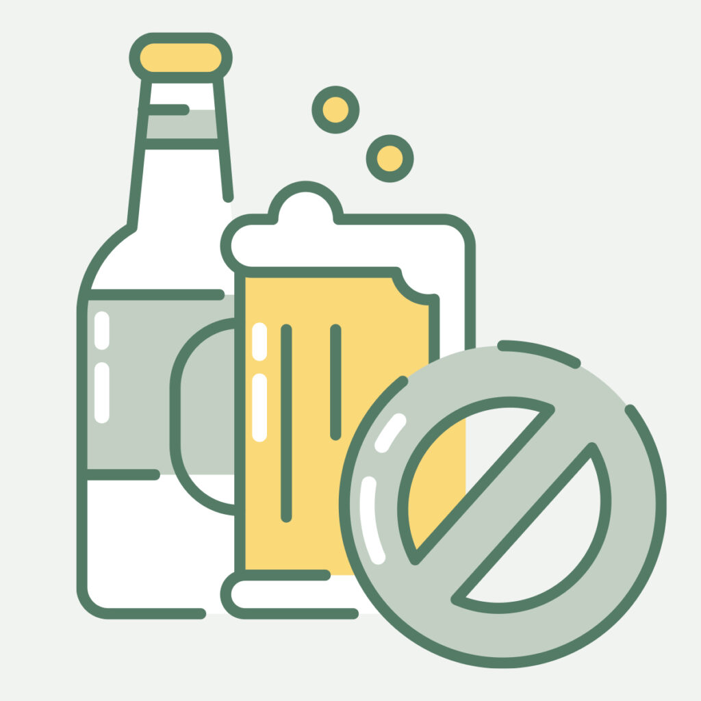 graphic illustration of bottle, beer glass, and no icon