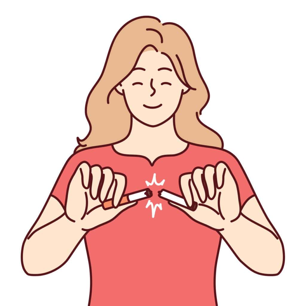 graphic illustration of a smiling woman breaking a cigarette