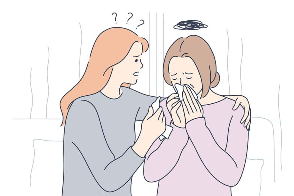 how to respond to gaslighting | graphic illustration of woman consoling her upset friend