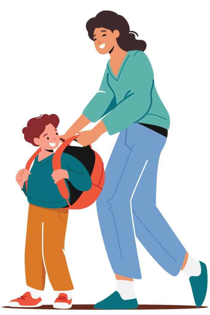 graphic illustration of mother helping son put on school backpack