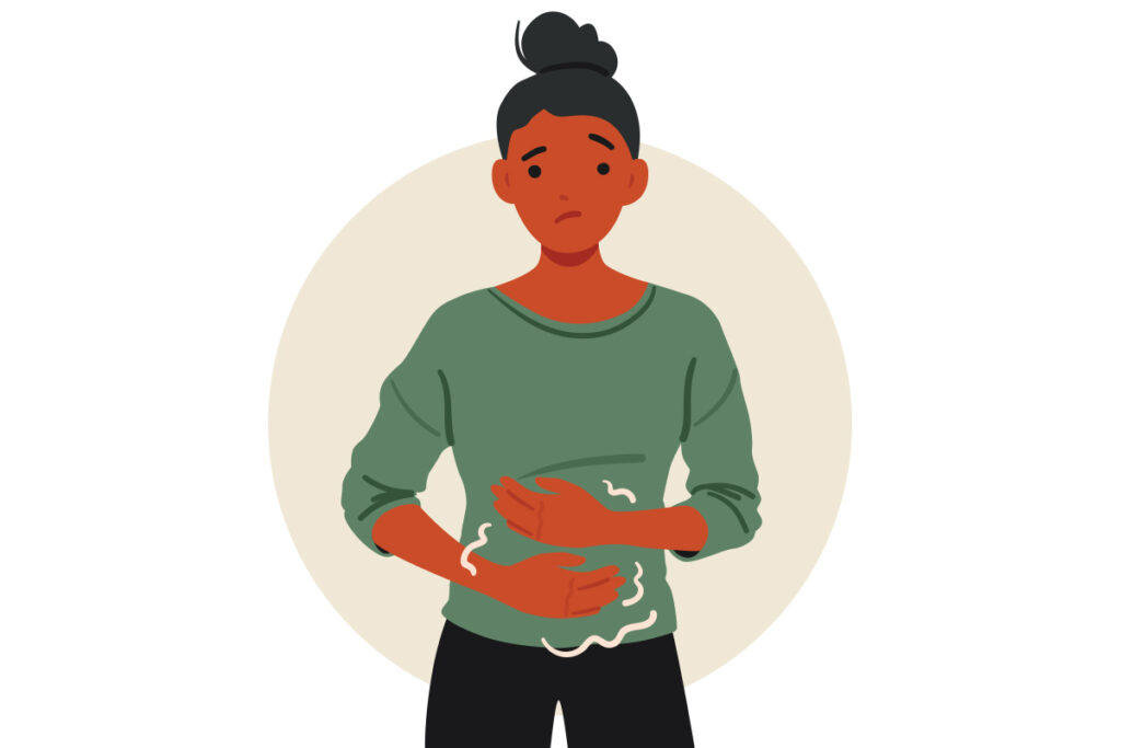 animated woman with stomach issues