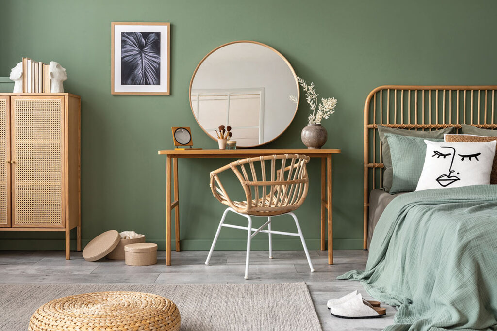 bedroom with bamboo accents and pastel colors