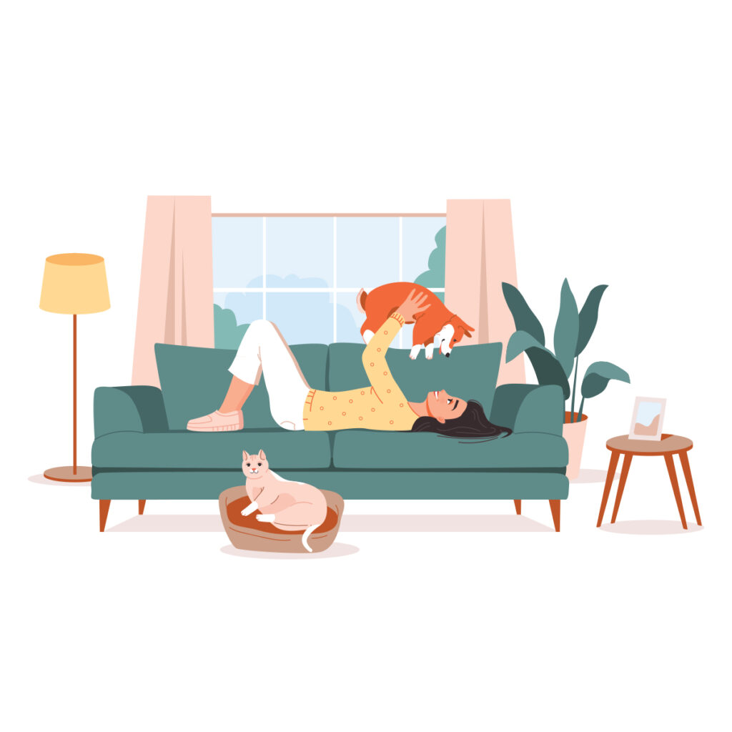 A woman plays with a dog on a couch while a cat relaxes nearby, with a lamp and potted plant in a bright living room.