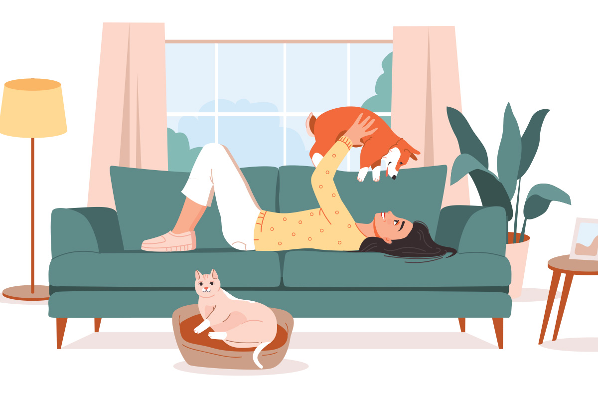 Woman relaxing on a couch, playing with a dog while a cat rests nearby, bright room with plants and natural light.