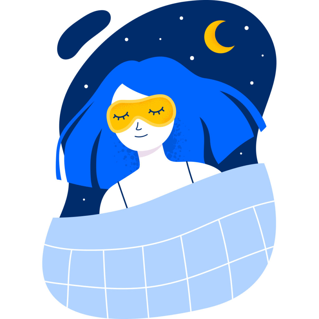 A woman with blue hair wearing sleep goggles, smiling under a starry night sky with a crescent moon.