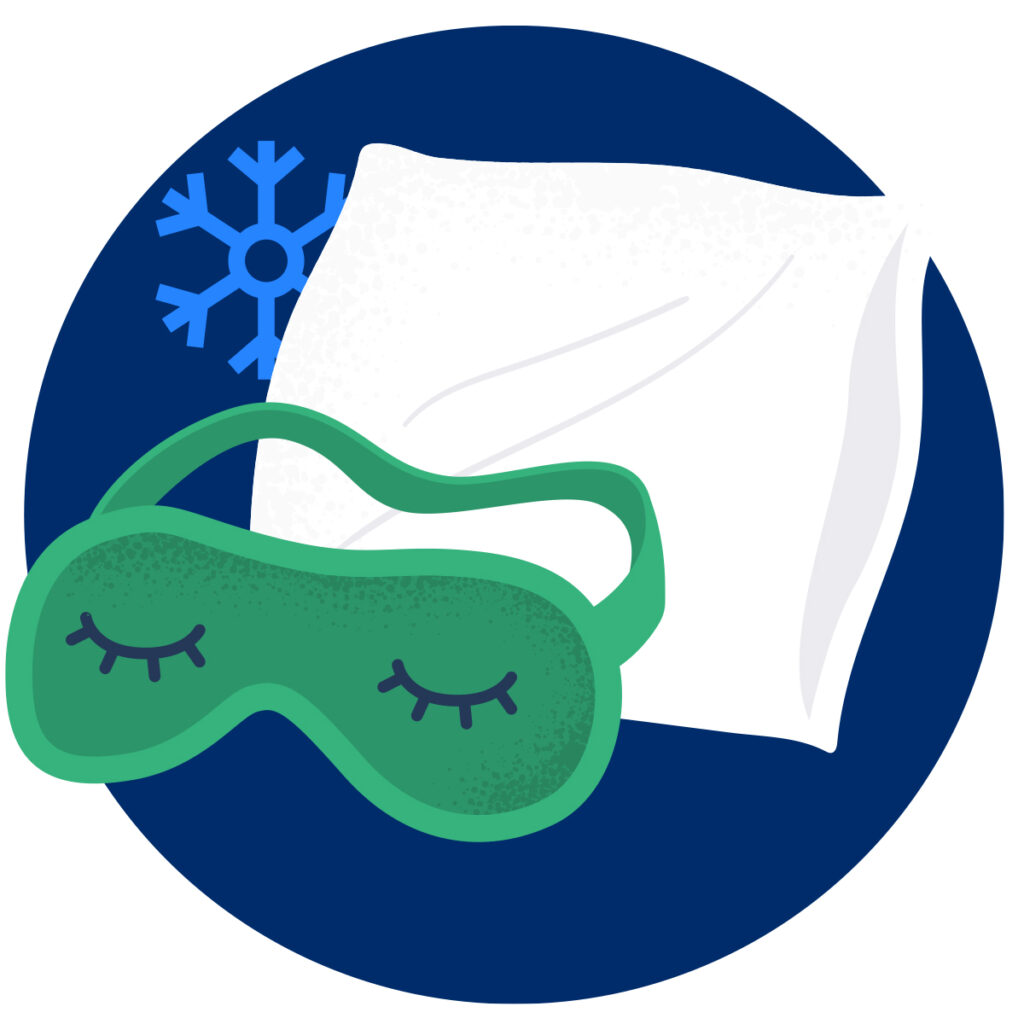 A green sleep mask with closed eyes beside a white pillow, set against a dark blue circle with a snowflake.
