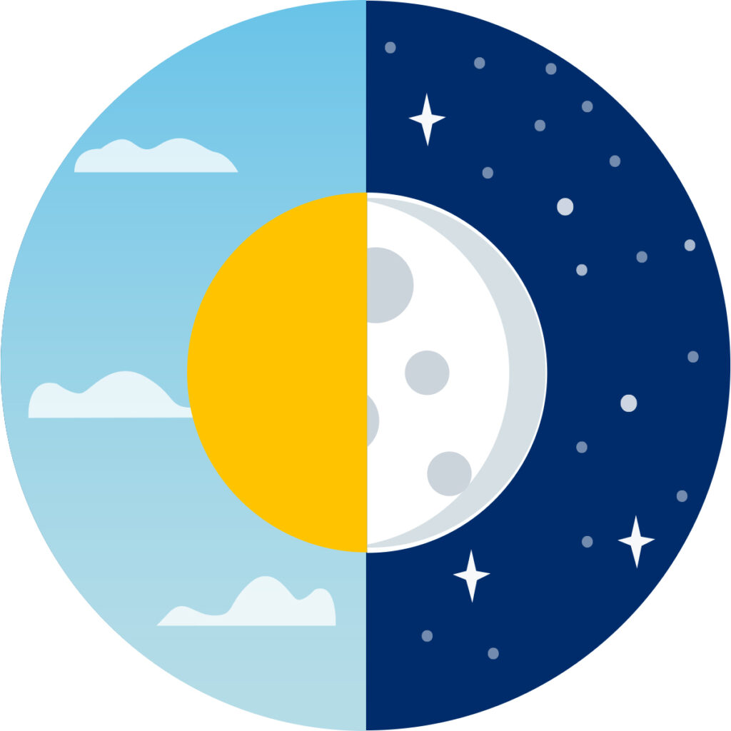 A divided circle showing day with a sun, light clouds, and night with a moon and stars.