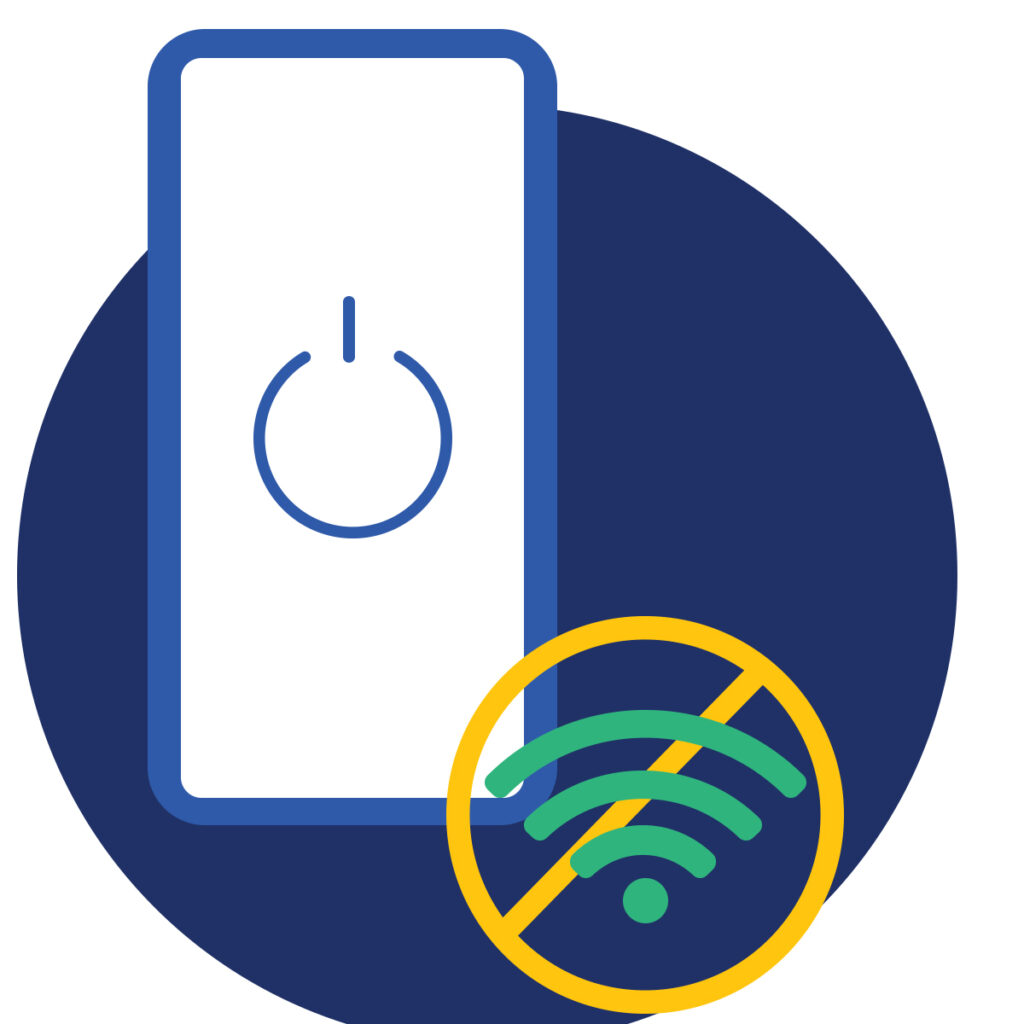 A stylized power button on a rounded background with a Wi-Fi signal crossed out below it.