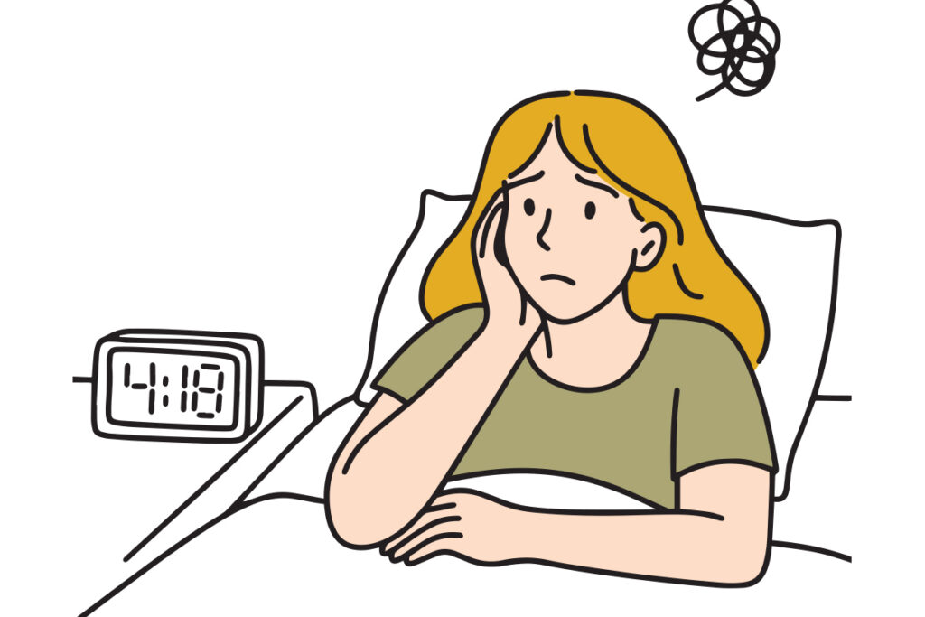 A worried woman lies in bed, propped on one elbow, glancing at a clock showing 4:18 AM. A doodle of confusion hovers above her head.