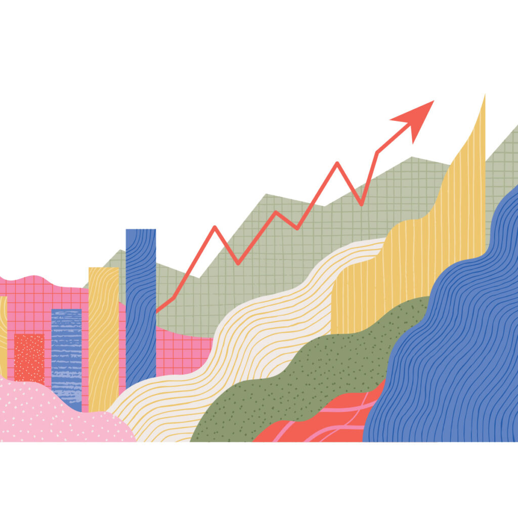 Colorful abstract illustration of rising graphs and mountains, featuring vibrant shapes and a red upward arrow.