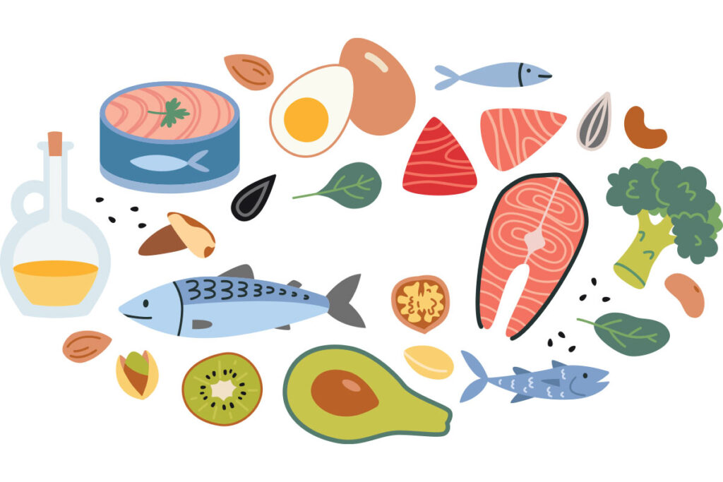 Illustration of foods with omega-3 fatty acids