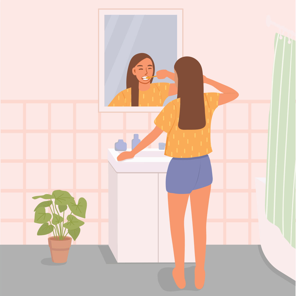 Illustration of happy woman brushing her teeth