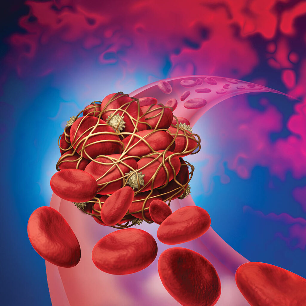 A cluster of red blood cells surrounded by a golden mesh, with a vibrant, abstract background in shades of red and blue.