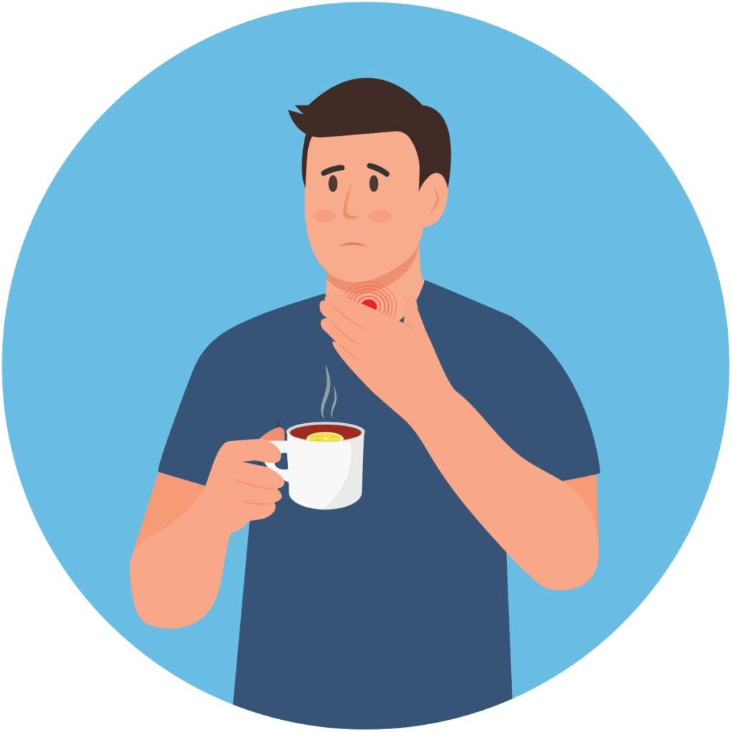 A worried man holds a cup of steaming drink while touching his throat, set against a blue circular background.