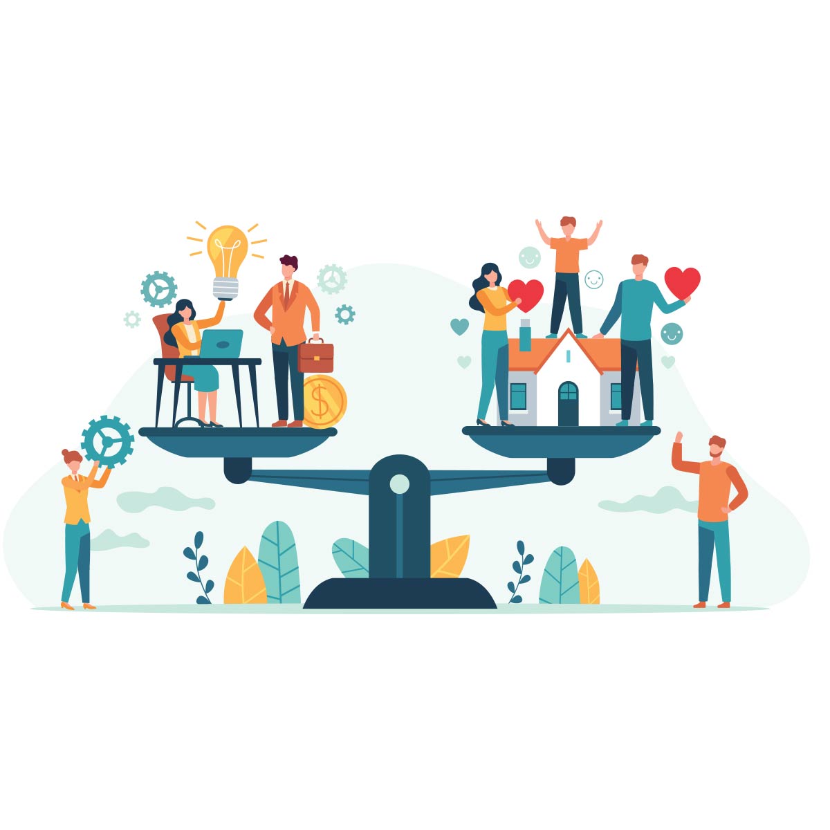 A balance scale featuring people, a house, gears, and lightbulbs, symbolizing the balance between work and home life.