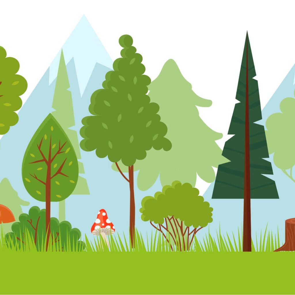 Colorful forest scene with various trees, underbrush, and a few mushrooms against a backdrop of mountains.