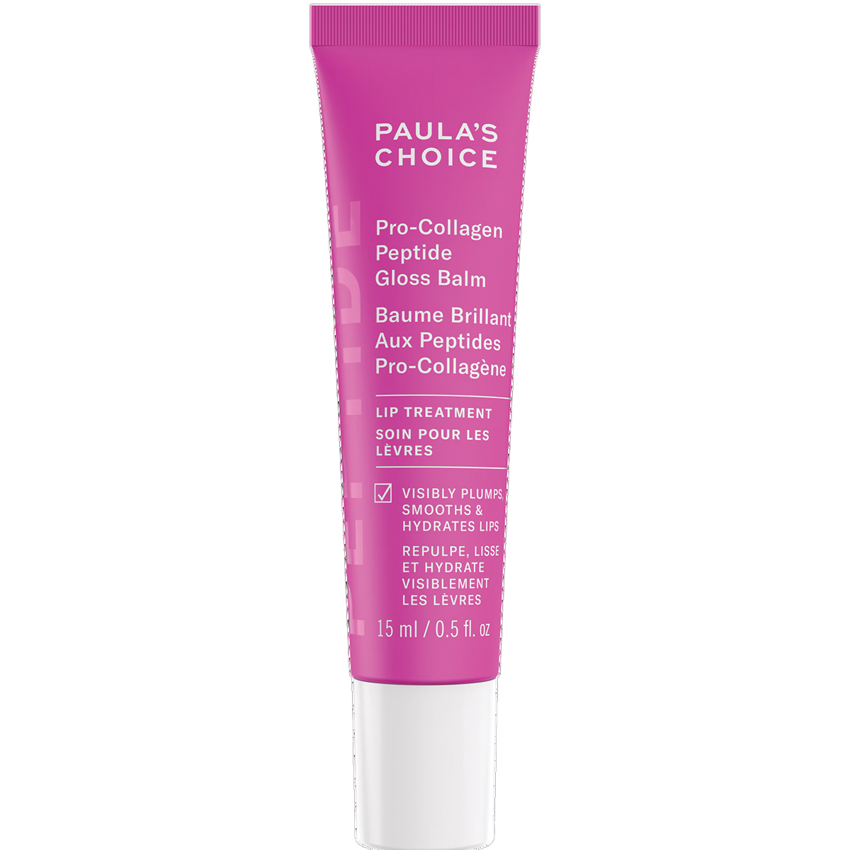 Pink tube of Paula's Choice Pro-Collagen Peptide Gloss Balm with white text, designed for lip treatment and hydration.