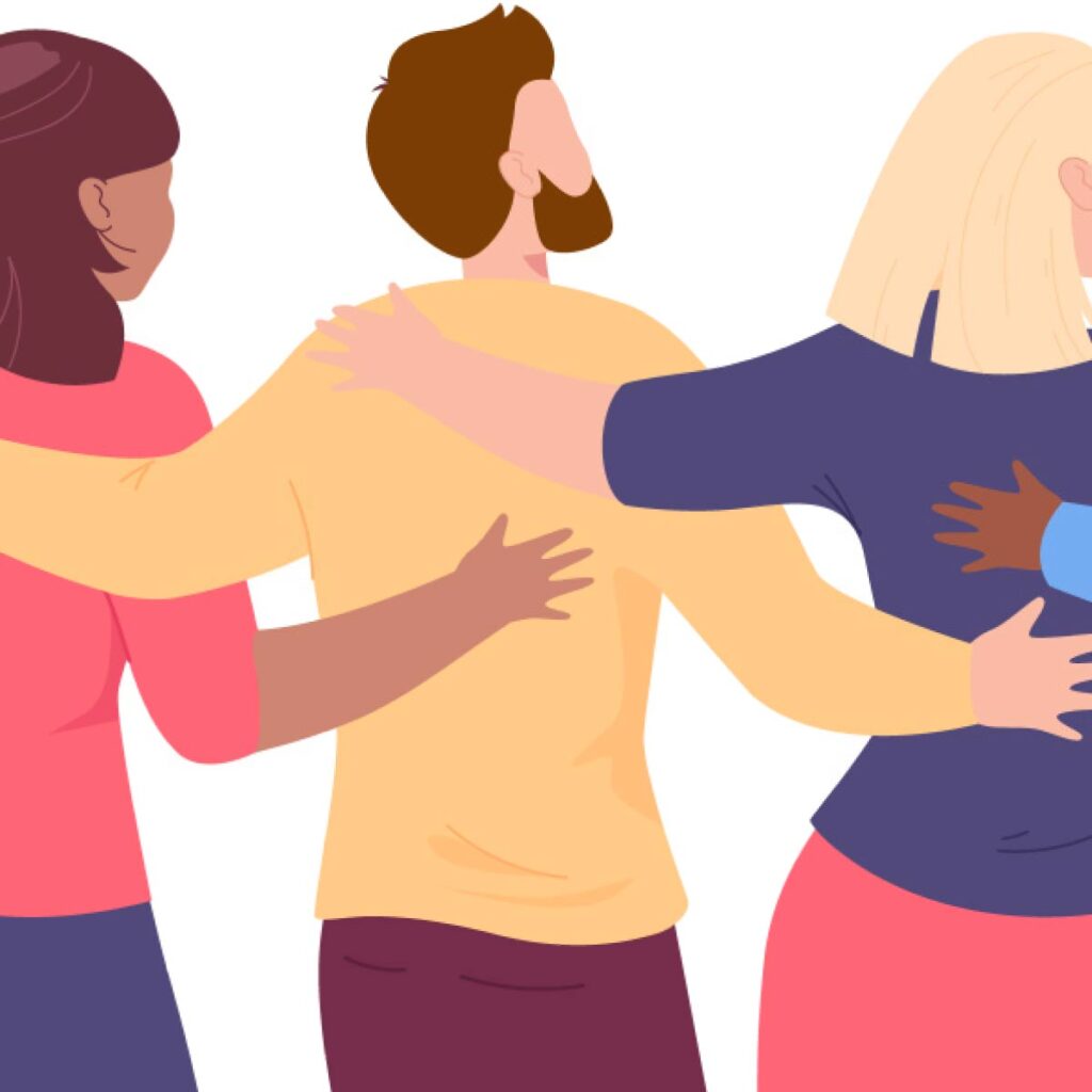 Five diverse individuals stand together, facing away, with their arms around each other in a supportive, unity stance.