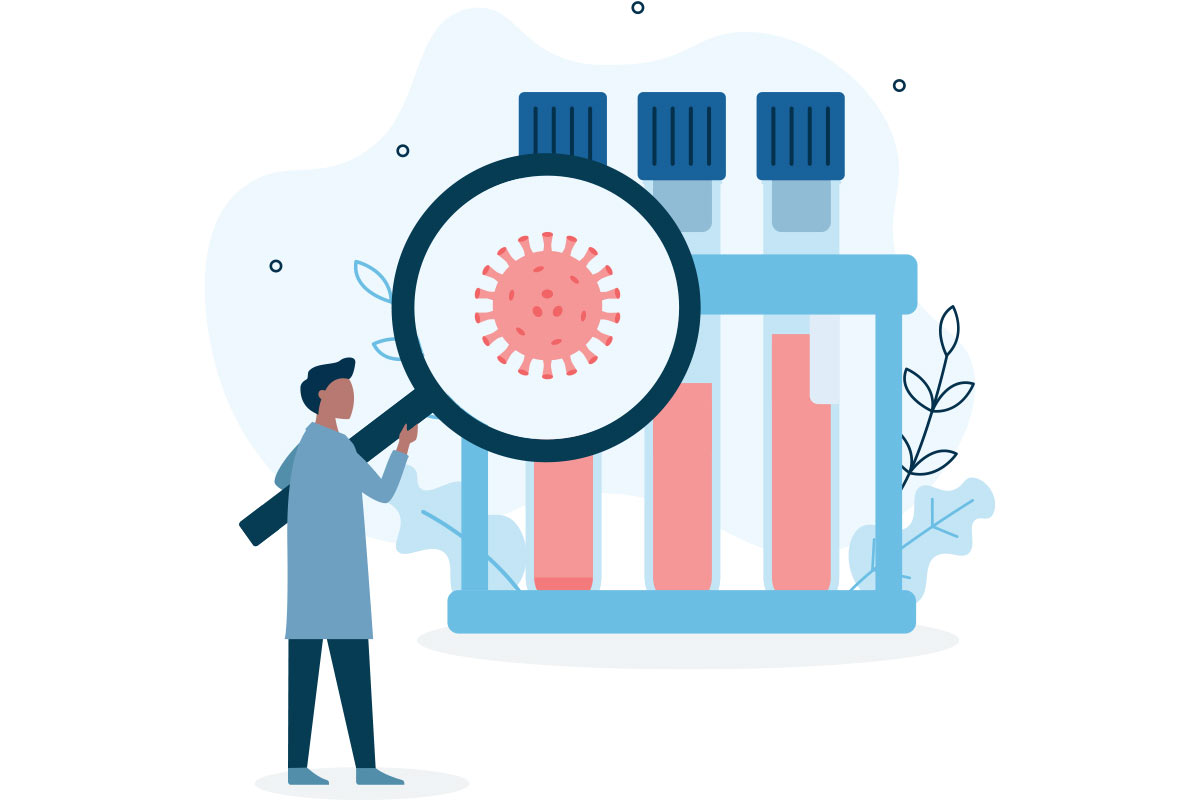 Illustration of doctor looking at blood in test tubes
