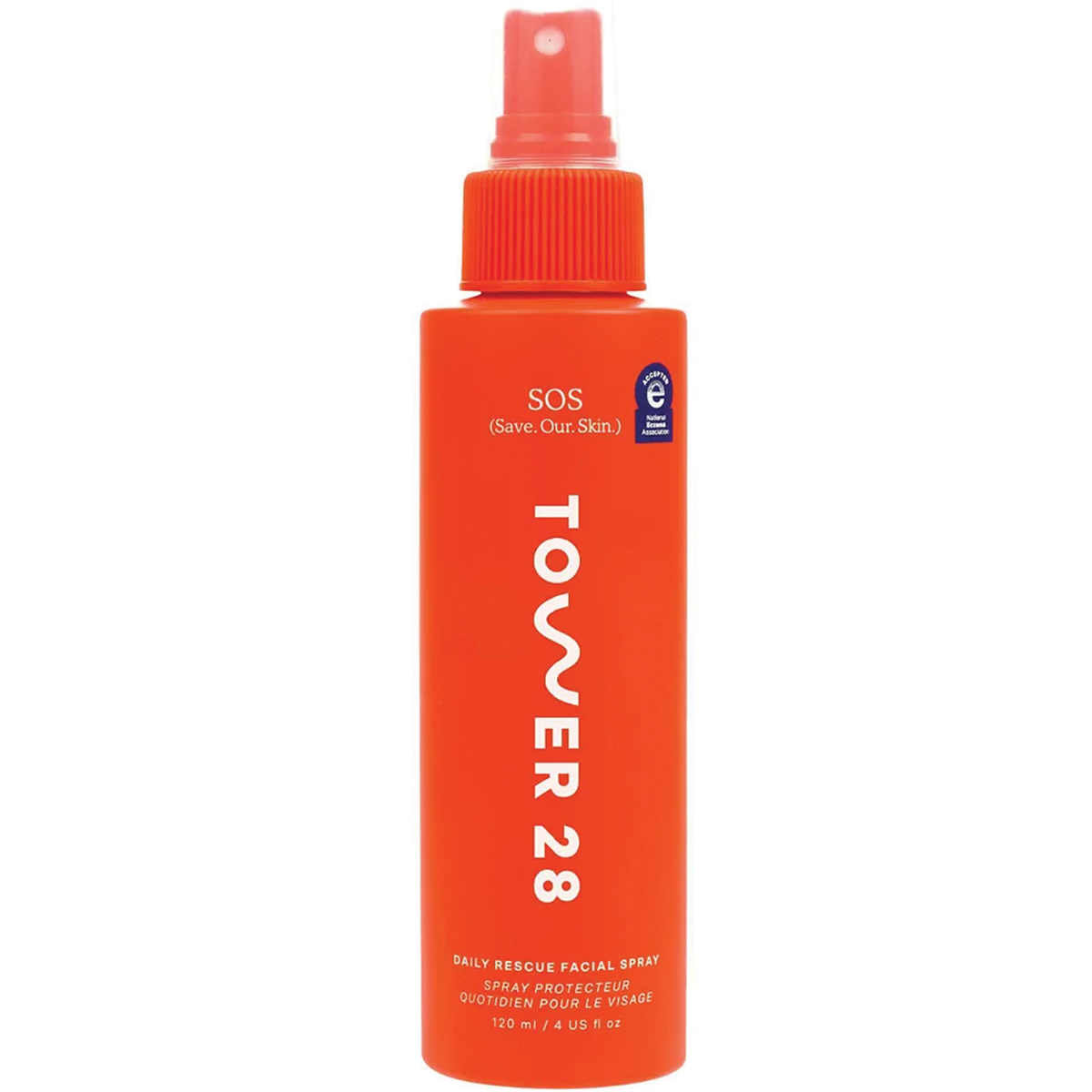 Bright orange spray bottle labeled "SOS" from Tower 28, designed for daily facial use and skin protection.