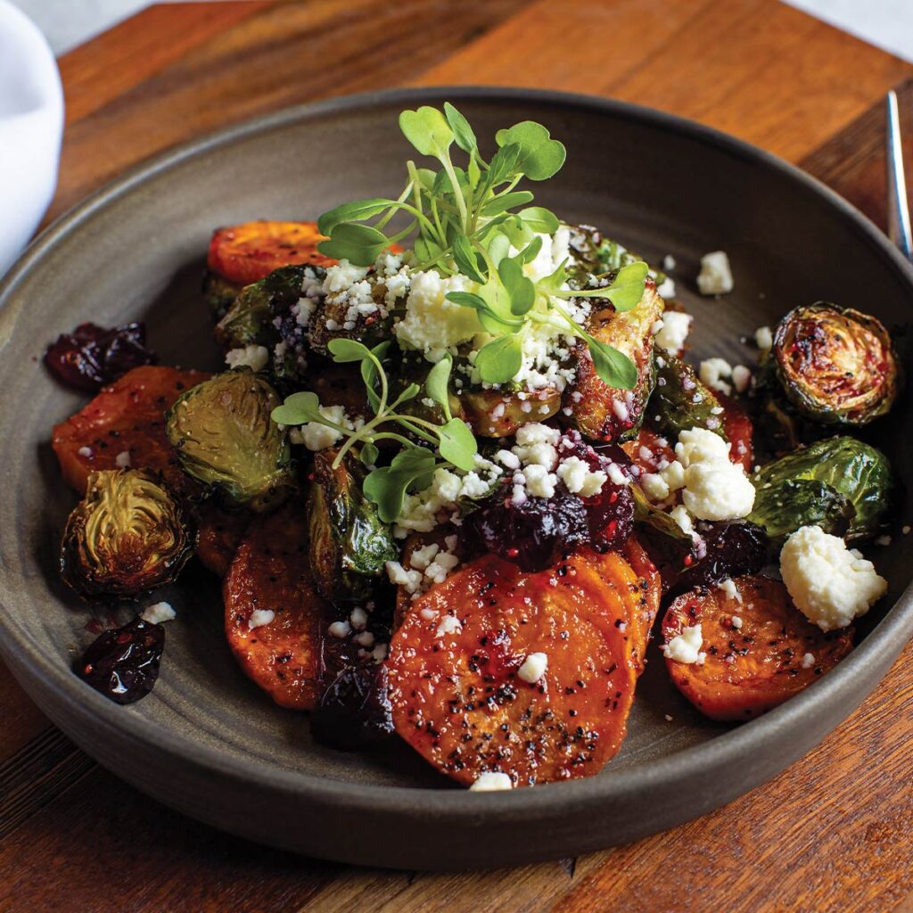 Cranberry-Glazed Sweet Potatoes With Brussels and Feta
