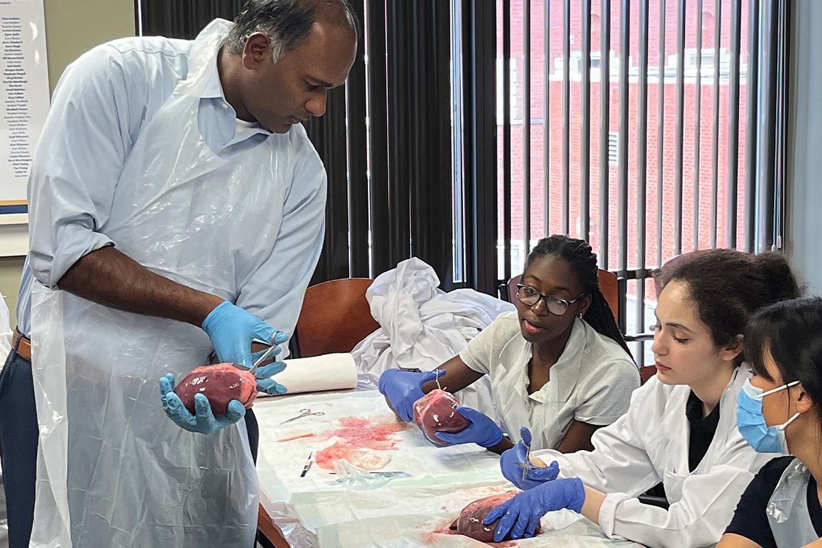 Dr. Harish Manyam leads students through a pig heart dissection.