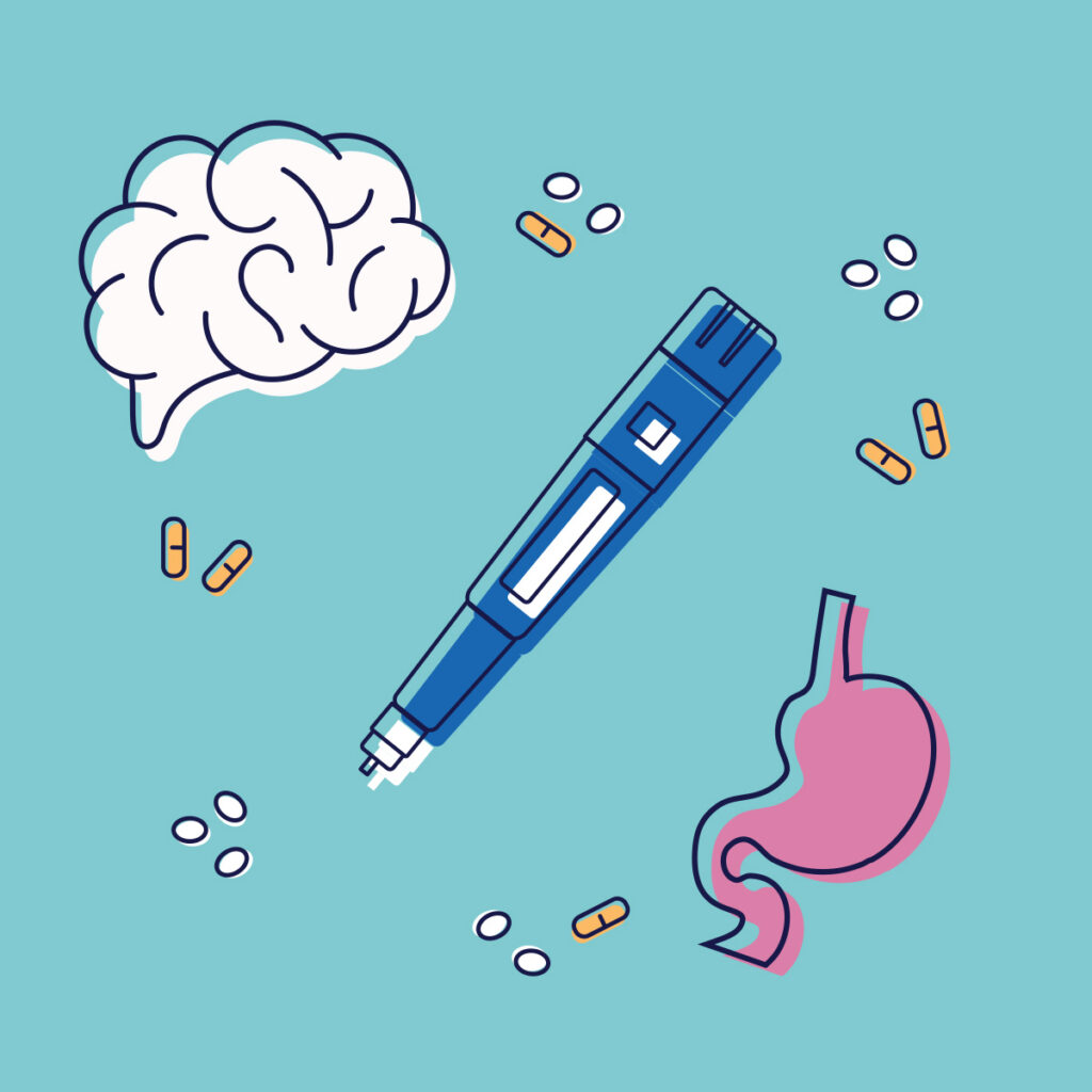 GLP1 Illustration of shot, brain, and stomach