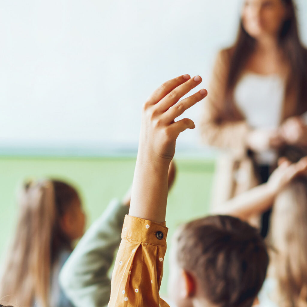 Child raising hand in class