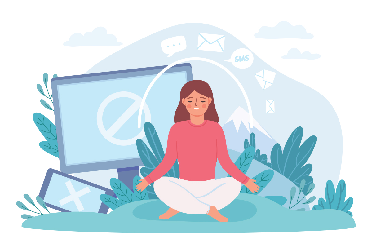 woman meditating with technology behind her