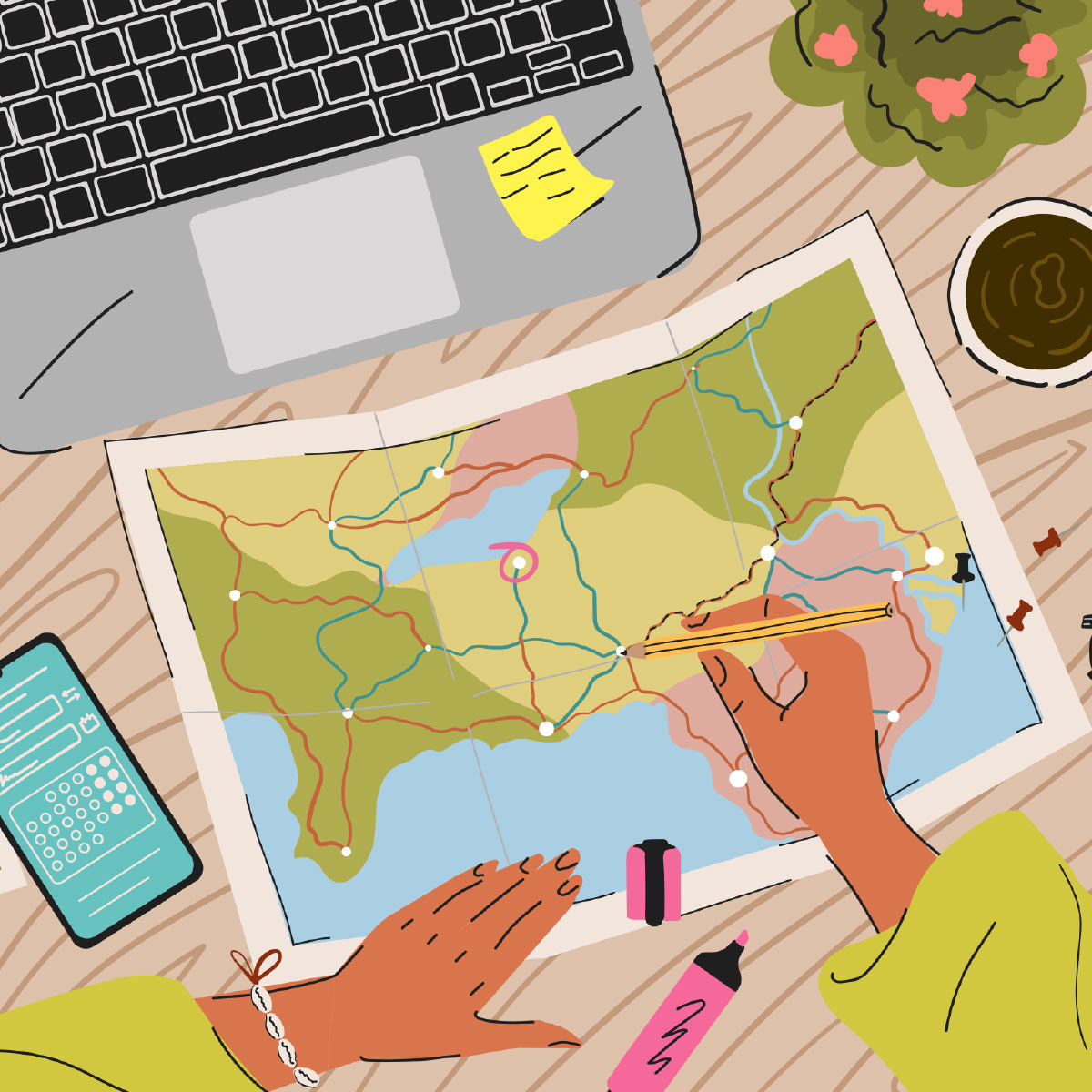 Illustration of marking up a map for summer trip