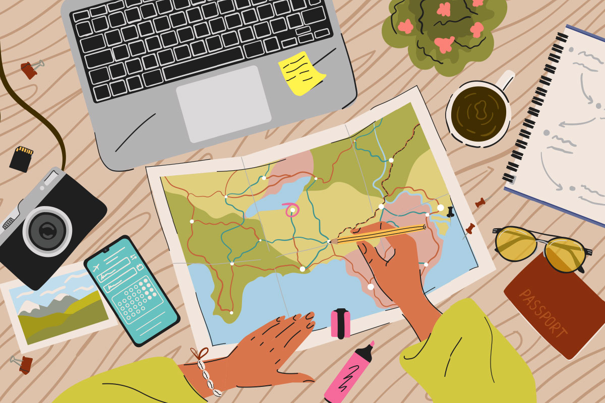 Illustration of marking up a map for summer trip