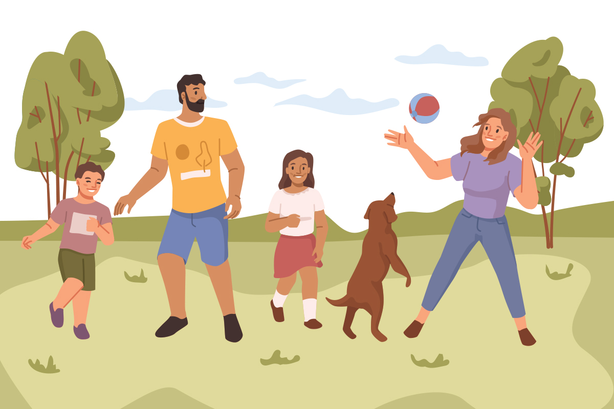 Illustration of family playing joyfully outside