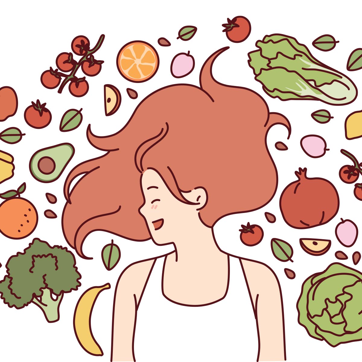 illustration of woman surrounded by fruits and veggies
