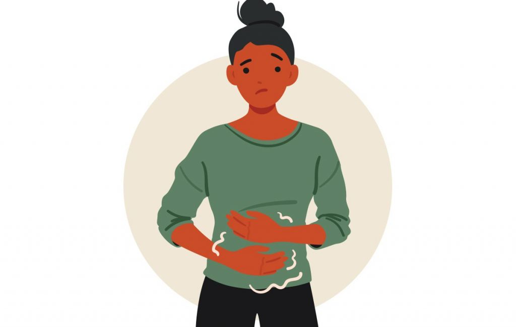 animated woman with stomach issues