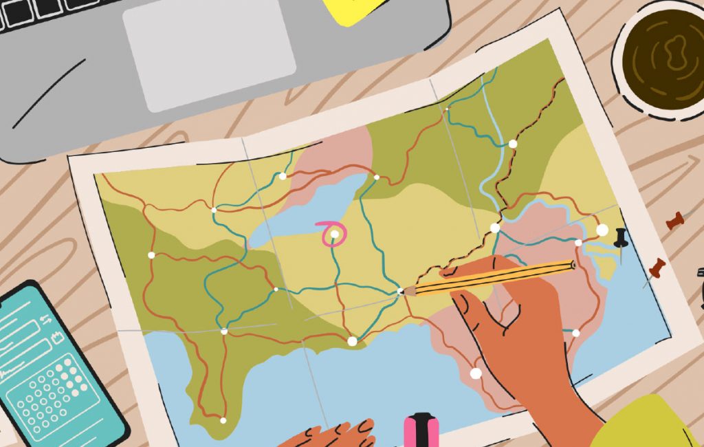 Illustration of marking up a map for summer trip